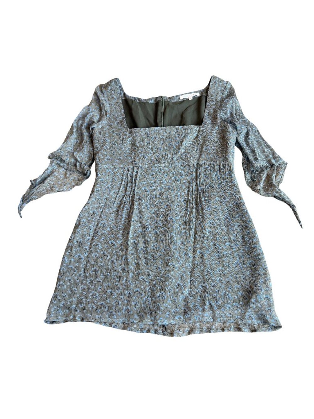 Rebecca Taylor Sage Green Floral Print Mini Dress Square Neck Tie Size 8 Women's